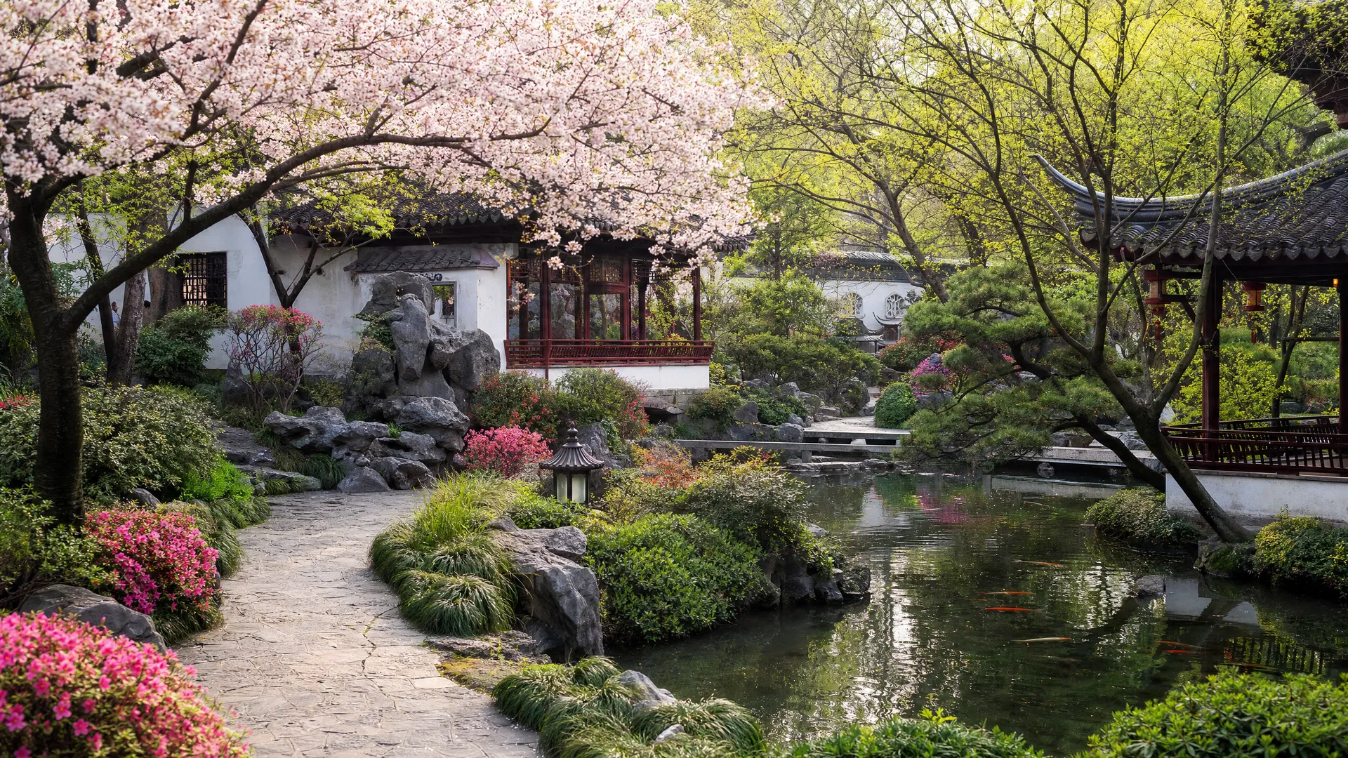 庭院景观春景:樱花盛放、新绿初萌的中式庭院